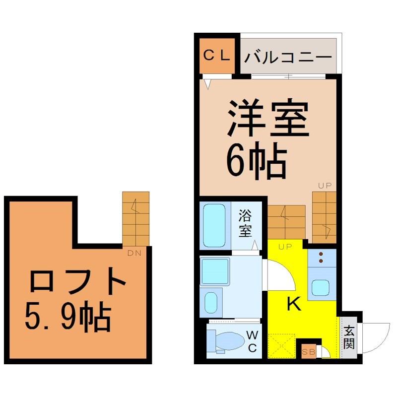 ハーモニーテラス一番 間取図　洋室6帖　ロフト5.9帖　脱衣洗面所　バルコニー