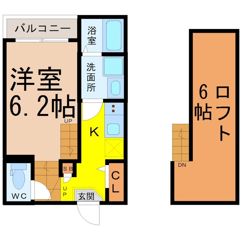 ハーモニーテラス一番 間取図　洋室6.2帖　ロフト6帖　脱衣洗面所　バルコニー