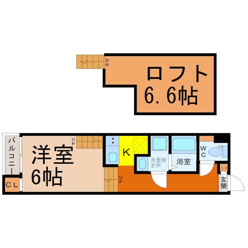 ハーモニーテラス四番II 間取図　洋室6帖　ロフト6.6帖　脱衣洗面所　バルコニー