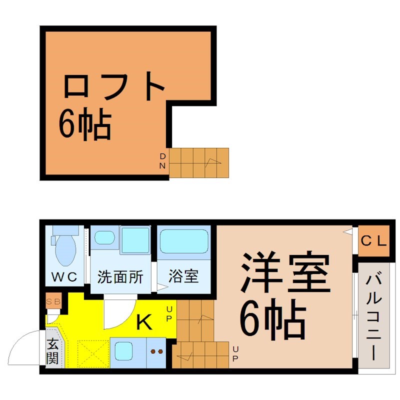 ハーモニーテラス四番II 間取図　洋室6帖　ロフト6帖　脱衣洗面所　バルコニー
