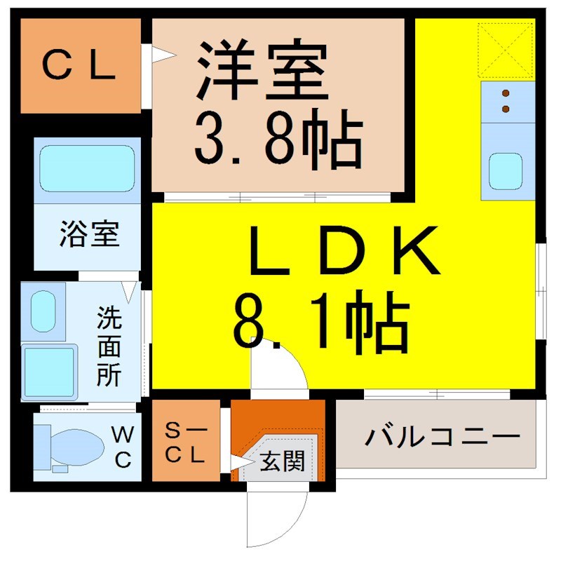 アダージョ六番町 間取図　ＬＤＫ8.1帖　洋室3.8帖　脱衣洗面所