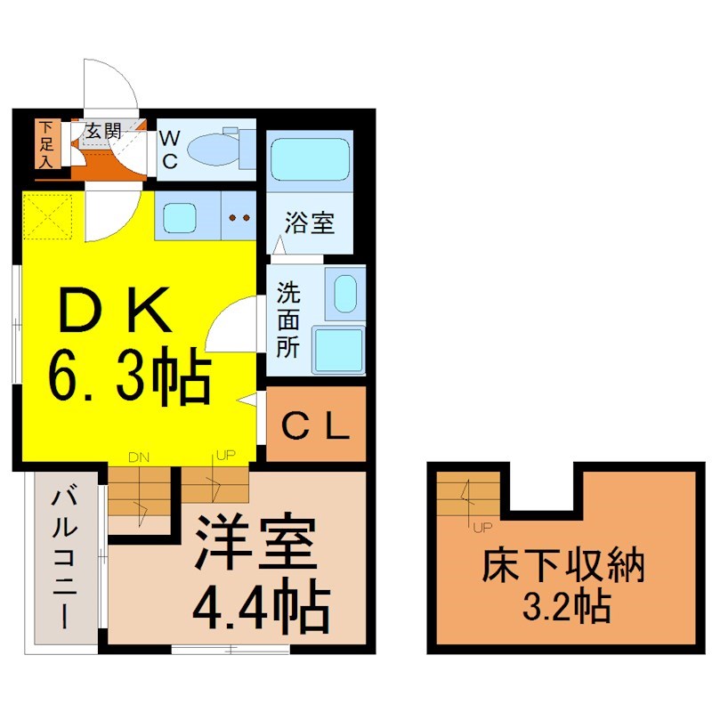 ハーモニーテラス中野本町 間取図　ＤＫ6.3帖　洋室4.4帖　床下収納3.2帖