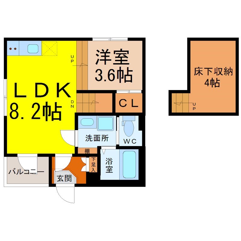ハーモニーテラス中野本町 間取図　ＬＤＫ8.2帖　洋室3.6帖　床下収納4帖