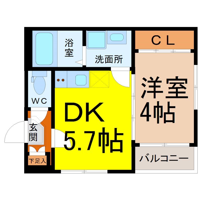 カノーパス日比野 間取図　ＤＫ5.7帖　洋室4帖　脱衣洗面所