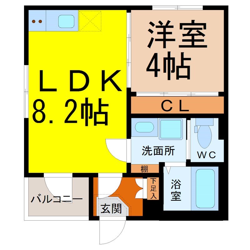 ハーモニーテラス中野本町 間取図　ＬＤＫ8.2帖　洋室4帖　脱衣洗面所