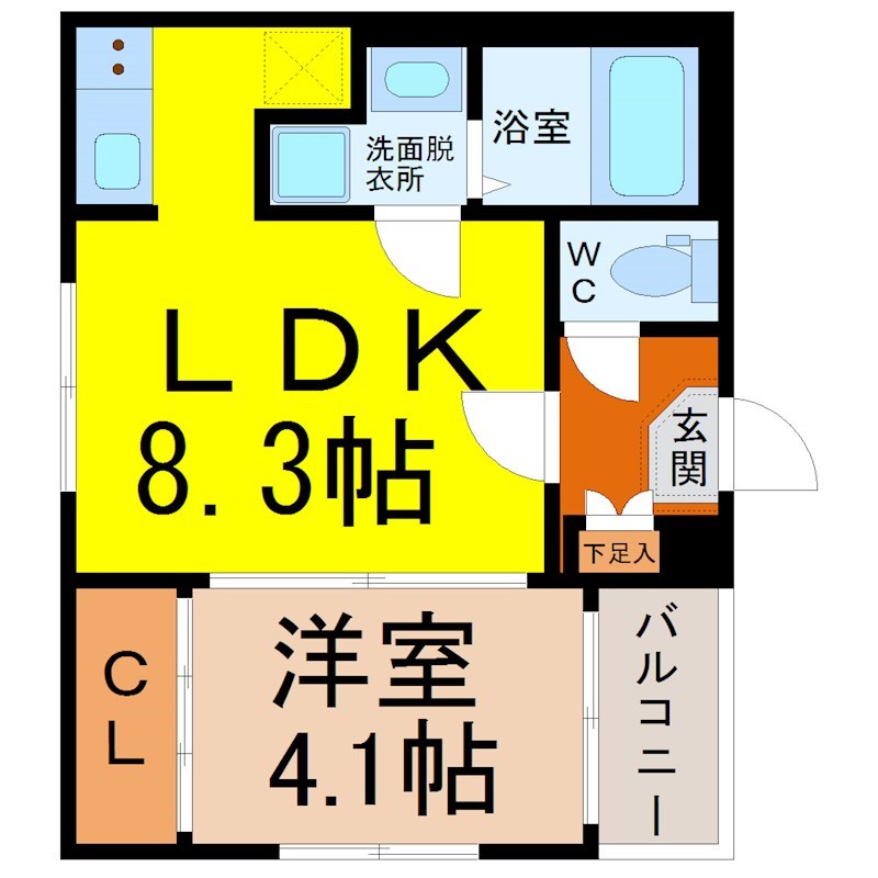 カノーパス日比野 間取図　ＬＤＫ8.3帖　洋室4.1帖　脱衣洗面所