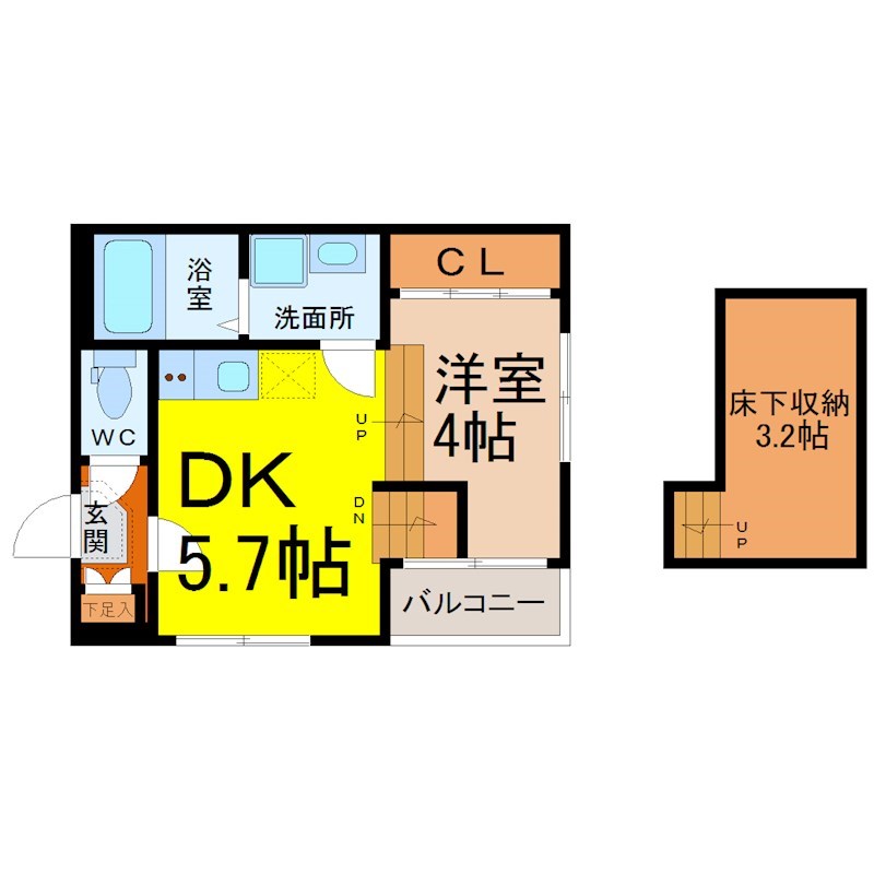 カノーパス日比野 間取図　ＤＫ5.7帖　洋室4帖　床下収納3.2帖