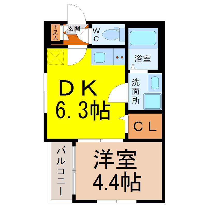 ハーモニーテラス中野本町 間取図　ＤＫ6.3帖　洋室4.4帖　脱衣洗面所
