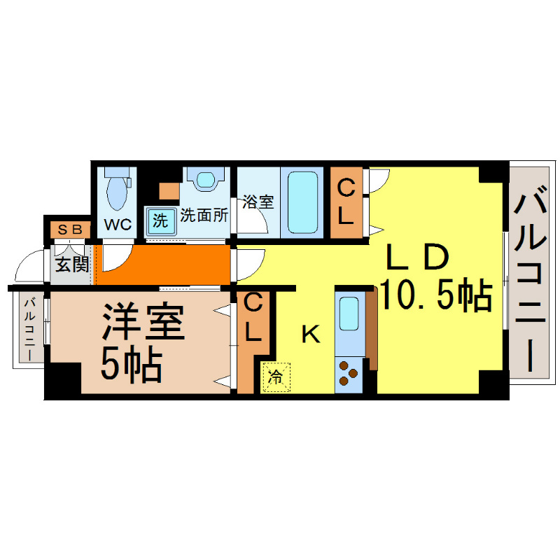 アトリエール 間取図　ＬＤ10.5帖　洋室5帖　脱衣洗面所　両面バルコニー