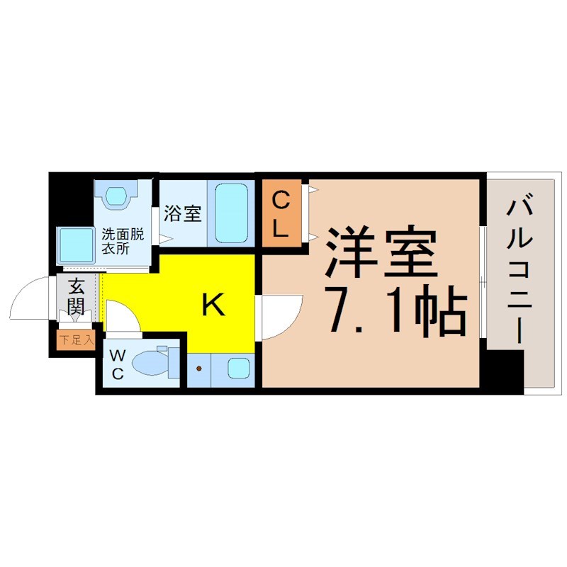 アルバ大須 間取図　洋室7.1帖　脱衣洗面所　クローゼット付　バルコニー