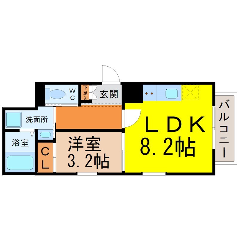 Ｃｈａｒｍｅ　Ｓａｉｓｏｎ（シャルムセゾン） 間取図　ＬＤＫ8.2帖　洋室3.2帖　脱衣洗面所　バルコニー