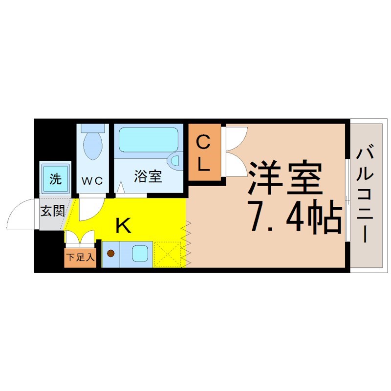 グランドールＹＨＤ 間取図　洋室7.4帖　バストイレ別　バルコニー