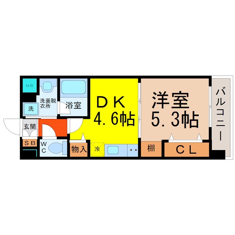 フォレスト９ 間取図　ＤＫ4.6帖　洋室5.3帖　南面バルコニー