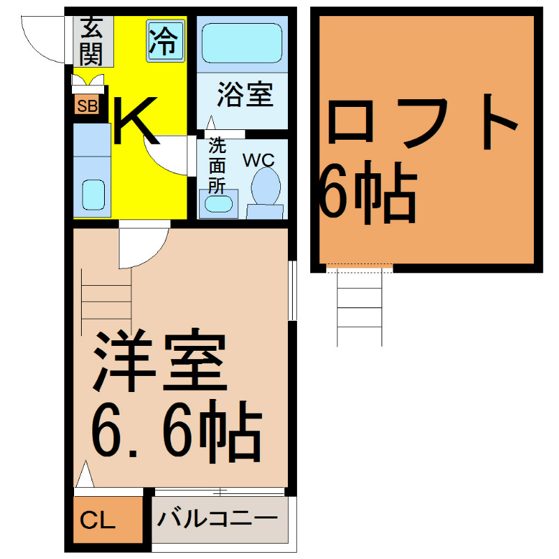 ＥａｒｌＧｒａｙ（アールグレイ） 間取図　洋室6.6帖　ロフト付　脱衣洗面所　バルコニー