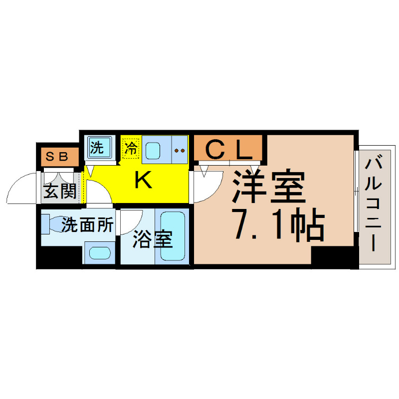 カレント今池 間取図　洋室7.1帖　脱衣所　独立洗面台　バルコニー