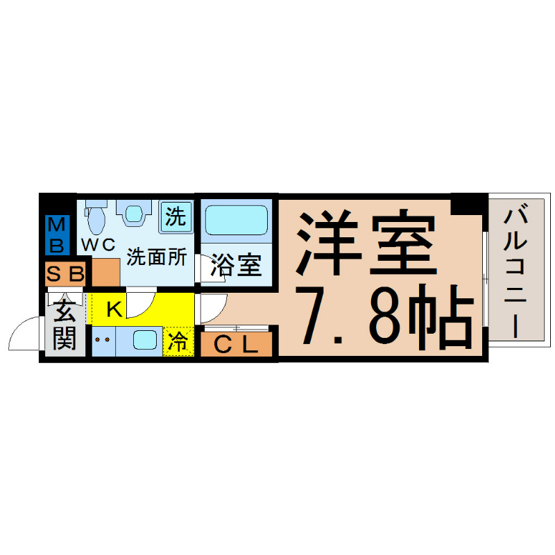 アンビックス・プリア茶屋ヶ坂 間取図　洋室7.8帖　脱衣洗面所　南面バルコニー