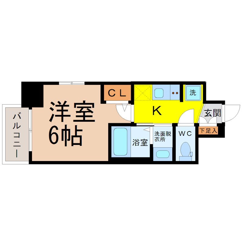 エステムコート名古屋新栄アクシス 間取図　洋室6帖　脱衣洗面所　クローゼット付　バルコニー