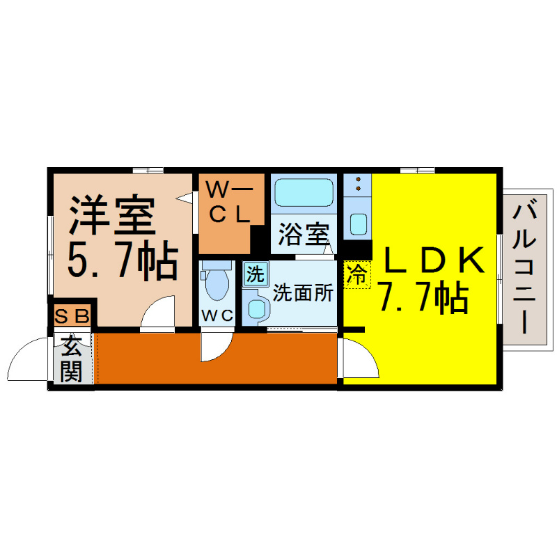 セジュール今池南 間取図　ＬＤＫ7.7帖　洋室5.7帖　南面バルコニー