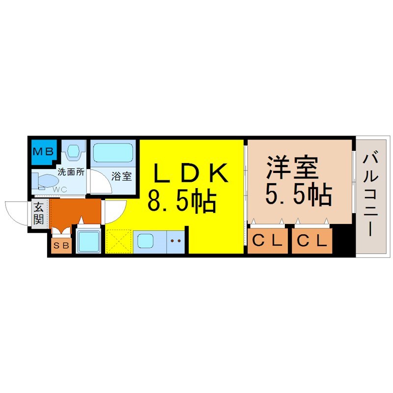 プラウランド堀田 間取図　ＬＤＫ8.5帖　洋室5.5帖　脱衣洗面所　バルコニー