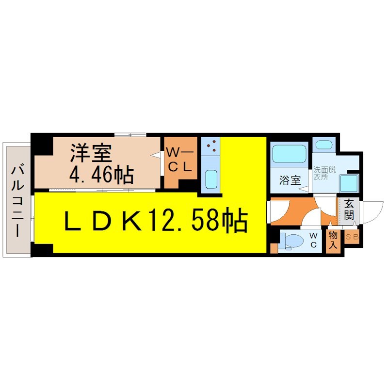 ＧＲＡＮＤＵＫＥ松原ｃｕｏｒｅ 間取図　ＬＤＫ12.58帖　洋室4.46帖　脱衣洗面所