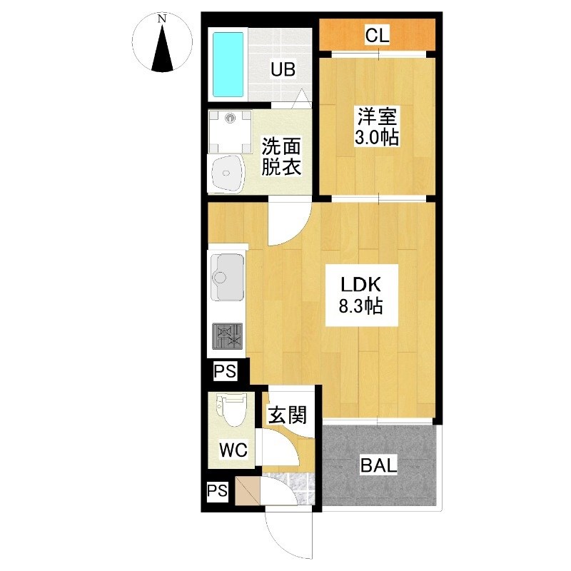 ＲＥＧＡＬＥＳＴこまどめ 間取図　ＬＤＫ8.3帖　洋室3帖　脱衣洗面所　バルコニー