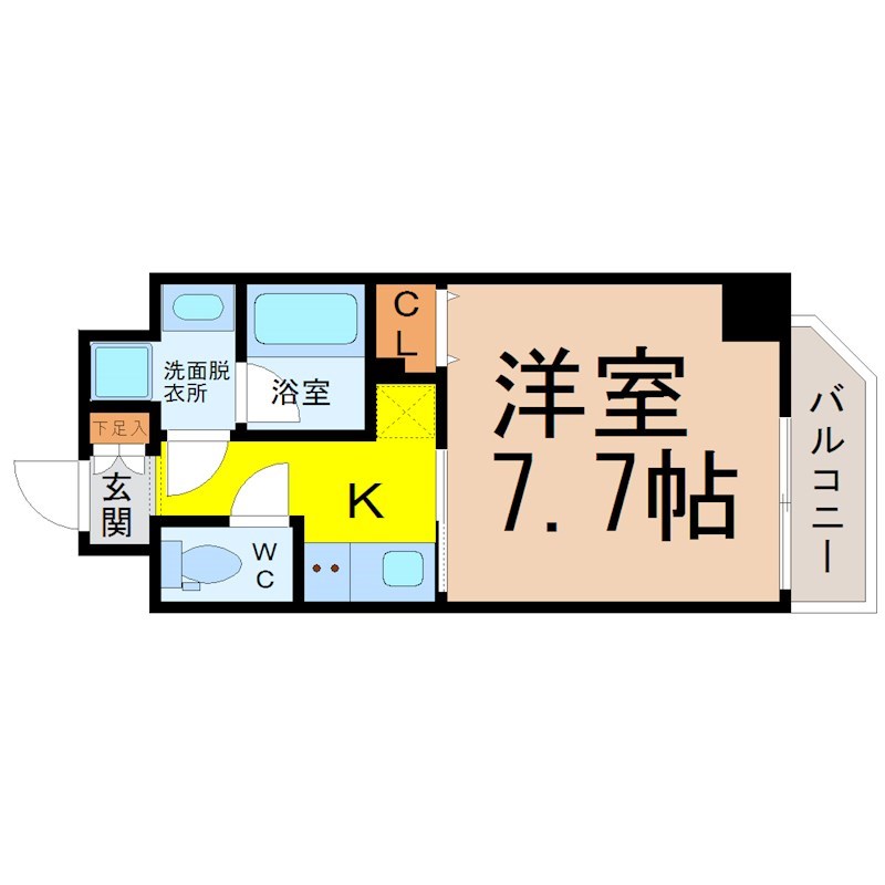 レジデンシア泉II 間取り　洋室7.7帖　脱衣洗面所　バルコニー