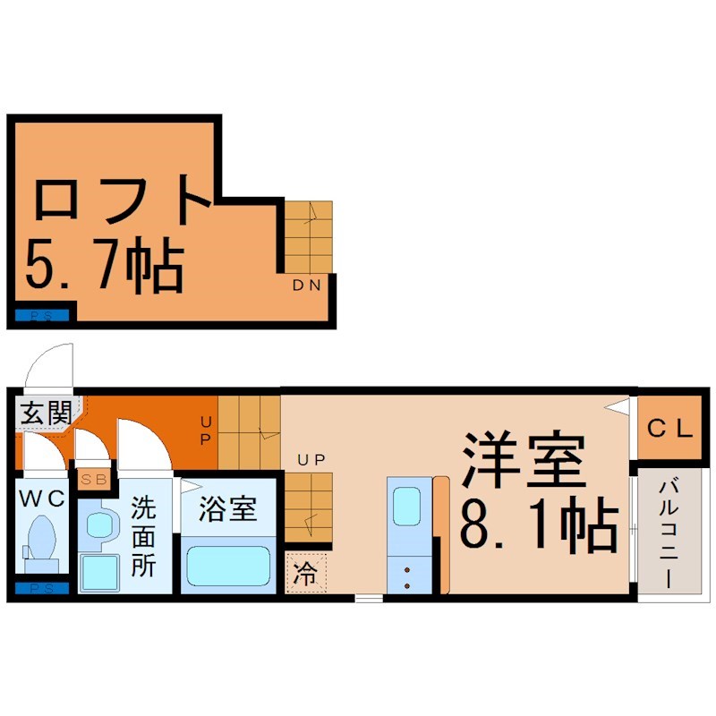 Ｇｒａｎｄｅ吹上（グランデ吹上） 間取図　洋室8.1帖　ロフト5.7帖　脱衣洗面所　バルコニー