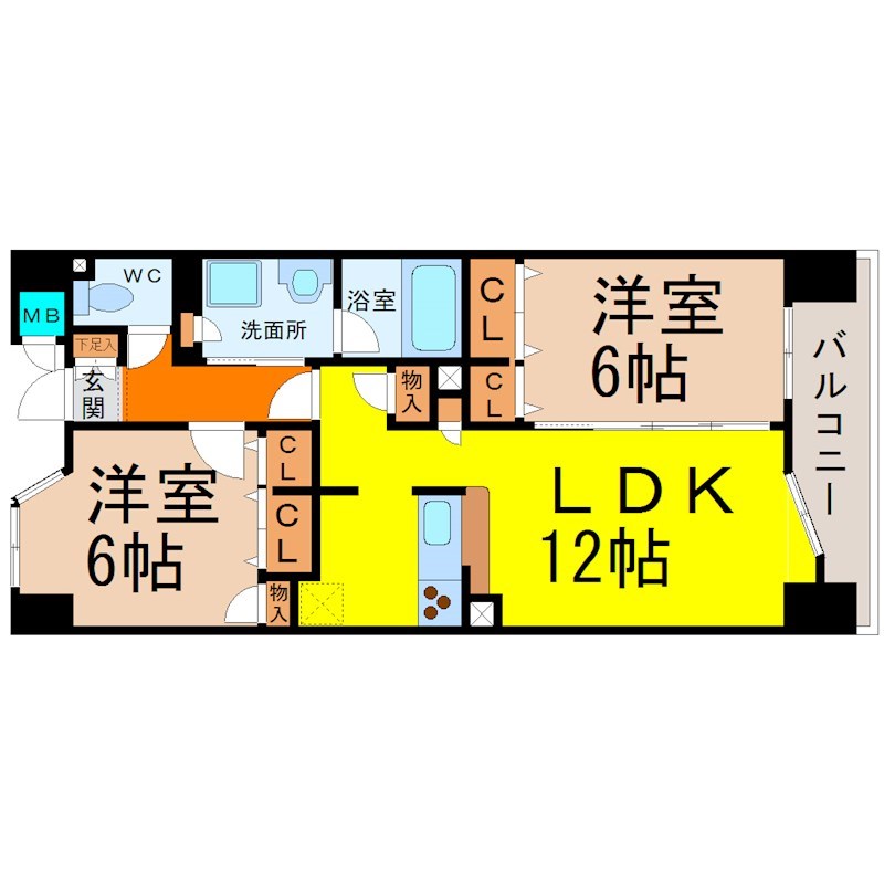 ヴィラエーデル大須 間取図　LDK12帖　洋室6帖　洋室6帖　南面バルコニー