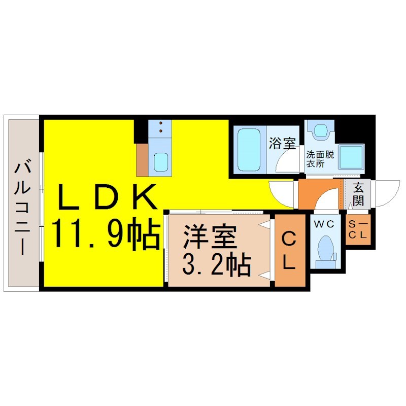 ポルタニグラ千種 間取図　ＬＤＫ11.9帖　洋室3.2帖　脱衣洗面所