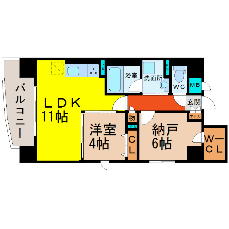 サンエスケーイワタ名城  間取図　ＬＤＫ11帖　洋室4帖　ウォークインクローゼット