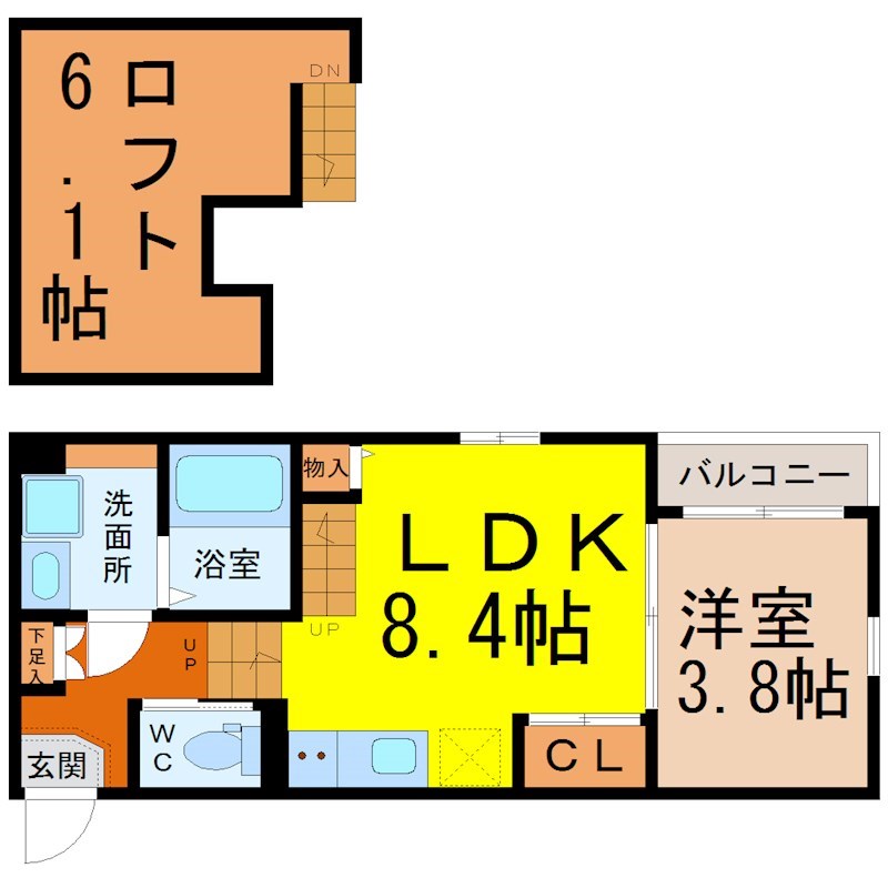 ハーモニーテラス靖国町Ｖ 間取図　ＬＤＫ8.4帖　洋室3.8帖　ロフト6.1帖