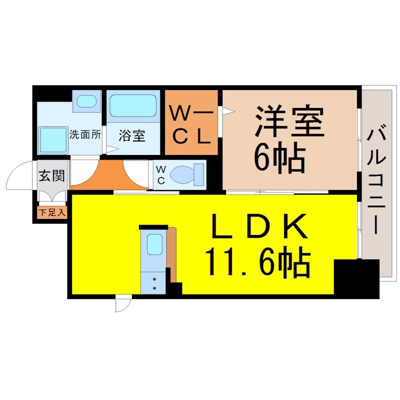 グランツ泉 間取図　ＬＤＫ11.6帖　洋室6帖　脱衣洗面所　バルコニー