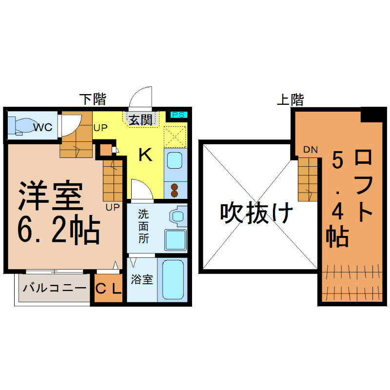 カサベランサ 間取図　洋室6.2帖　ロフト5.4帖　脱衣洗面所　バルコニー