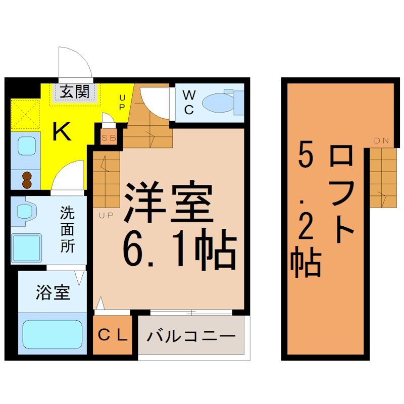 ＬＥＥＦ（リーフ） 間取図　洋室6.1帖　ロフト5.2帖　脱衣洗面所　バルコニー