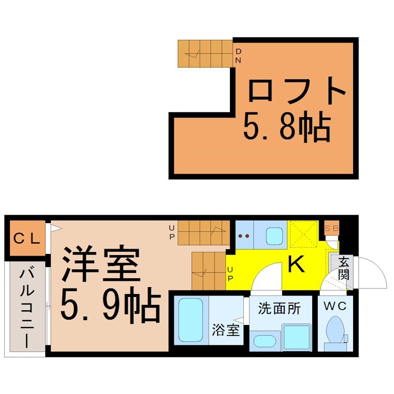 ハーモニーテラス平安III 間取図　洋室5.9帖　ロフト5.8帖　脱衣洗面所