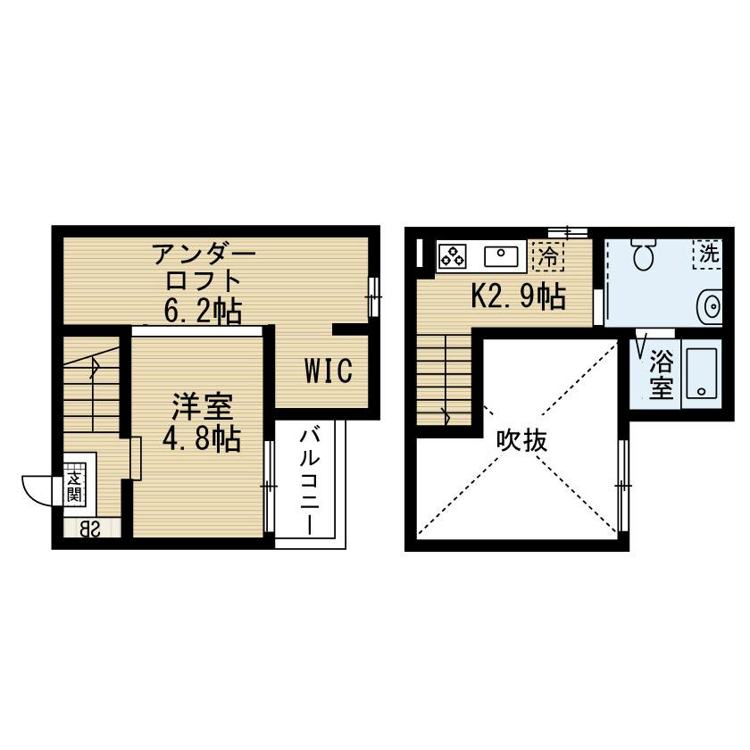 ＶＩＶＡ米野（ビバ米野） 洋室4.8帖　アンダーロフト6.2帖　家具家電ご用意できます
