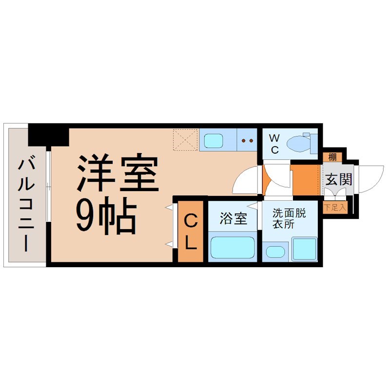 アレーヌコート金山 間取図　洋室9帖　脱衣洗面所　クローゼット付　バルコニー