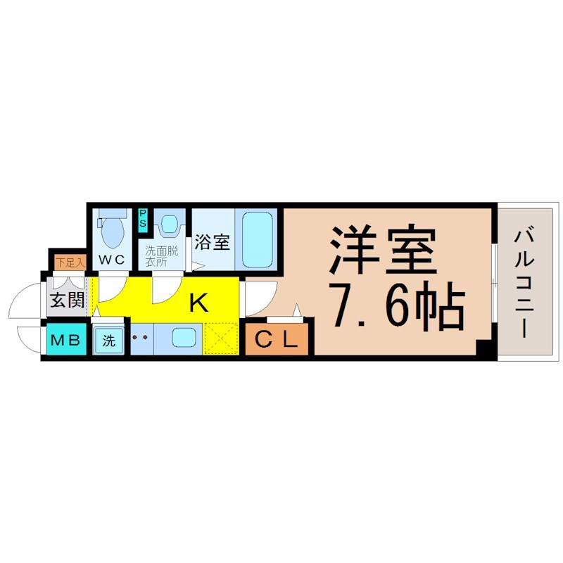 プレサンス丸の内雅殿 間取図　洋室7.6帖　脱衣洗面所　バルコニー