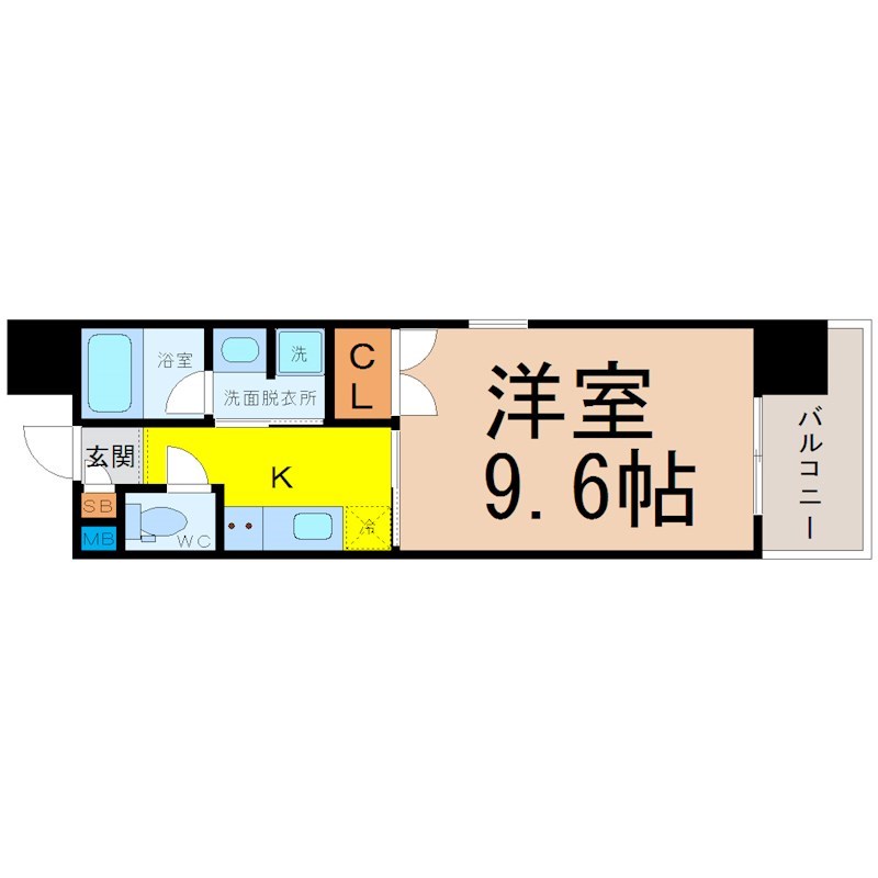 YATOMIDORI　RISE（弥冨通ライズ） 間取図　洋室9.6帖　脱衣洗面所　南面バルコニー