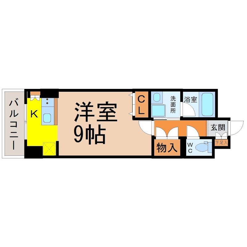 プライムアーバン上前津 間取図　洋室9帖　脱衣洗面所　バルコニー