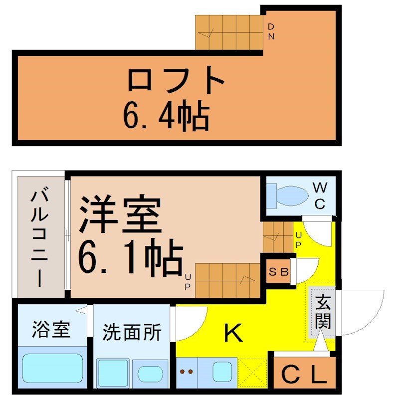 グランビル上小田井 間取図　洋室6.1帖　ロフト6.4帖　脱衣洗面所