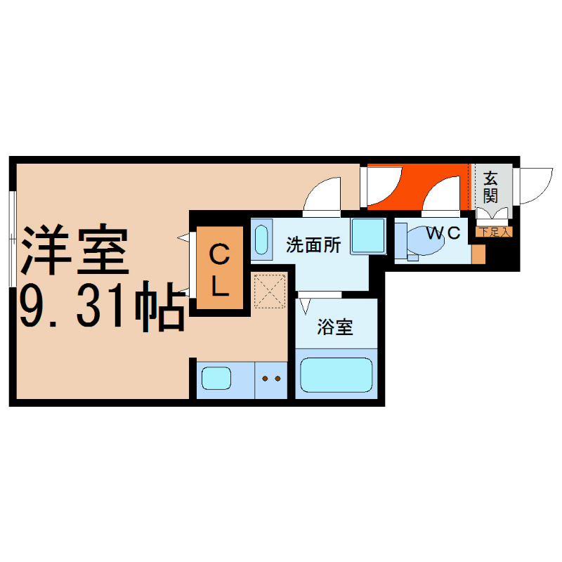 Ｂｒａｎｃｈｅ千代田 間取図　洋室9.31帖　脱衣洗面所　内装コンクリート打ち