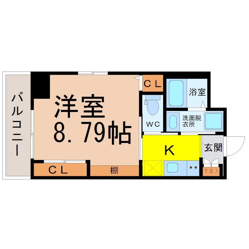 愛知県名古屋市東区葵１丁目 間取図　洋室8.79帖　脱衣洗面所　バルコニー