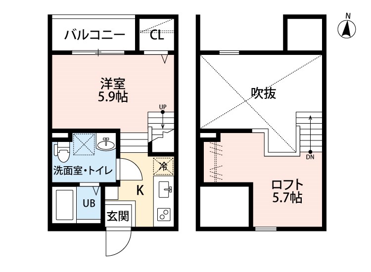 ＳＰＩＣＡ中島新町 間取図　洋室5.9帖　ロフト5.7帖　脱衣洗面所