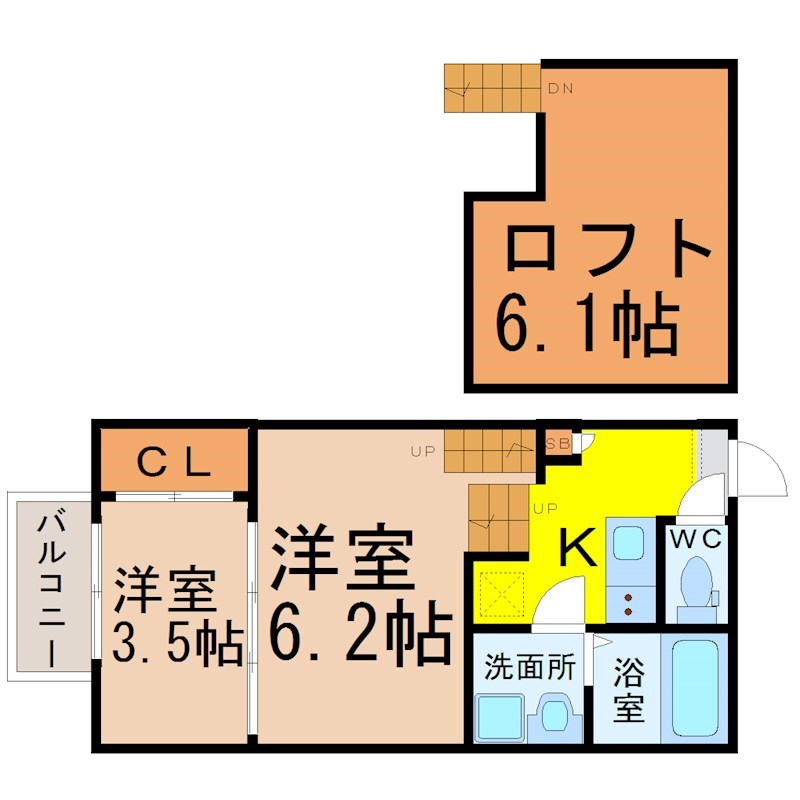 アミティエ・フレール神明町 間取図　洋室6.2帖　洋室3.5帖　ロフト付　脱衣洗面所
