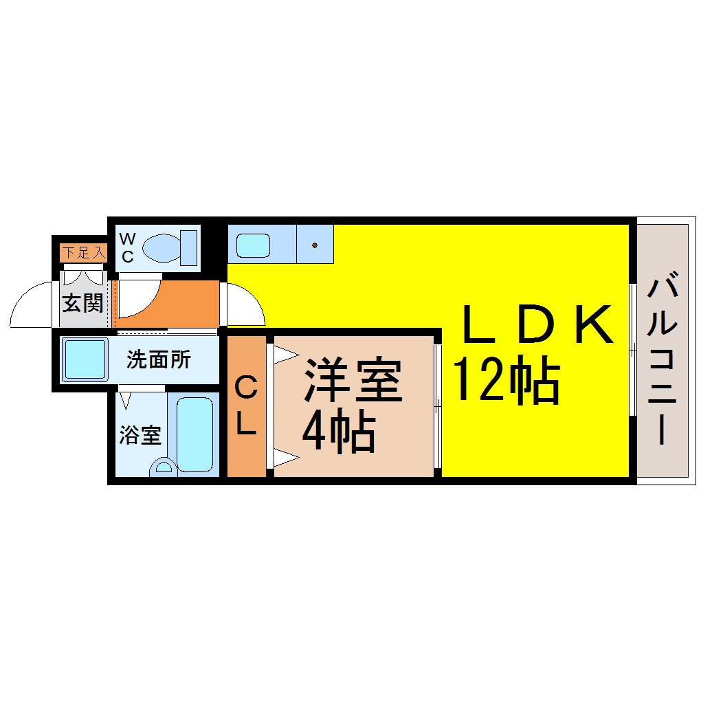 サンマール牛巻 間取図　ＬＤＫ12帖　洋室4帖　脱衣所　南面バルコニー