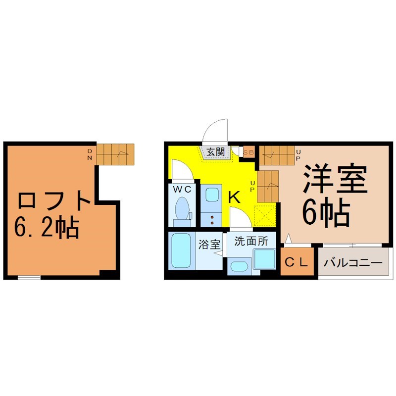 サファイア東海通 間取図　洋室6帖　ロフト6.2帖　脱衣洗面所