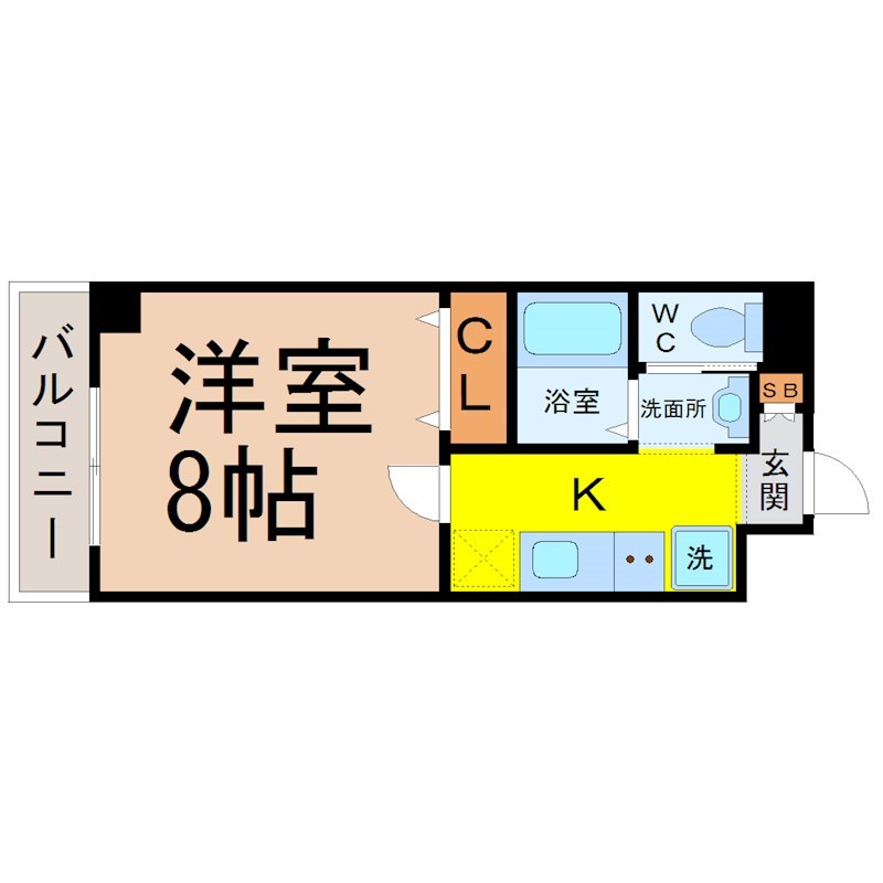 サンヒルズ新瑞橋 間取図　洋室8帖　脱衣洗面所　バルコニー