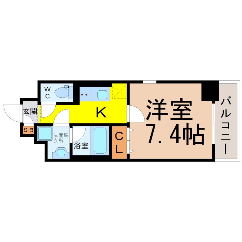 キャナルスクエア 間取図　洋室7.4帖　脱衣洗面所　南面バルコニー