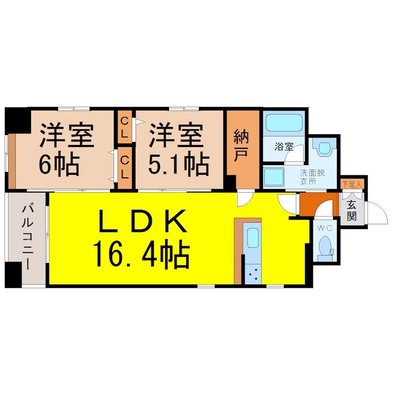 ポルタニグラ千代田 間取図　ＬＤＫ16.4帖　カウンターキッチン　脱衣洗面所